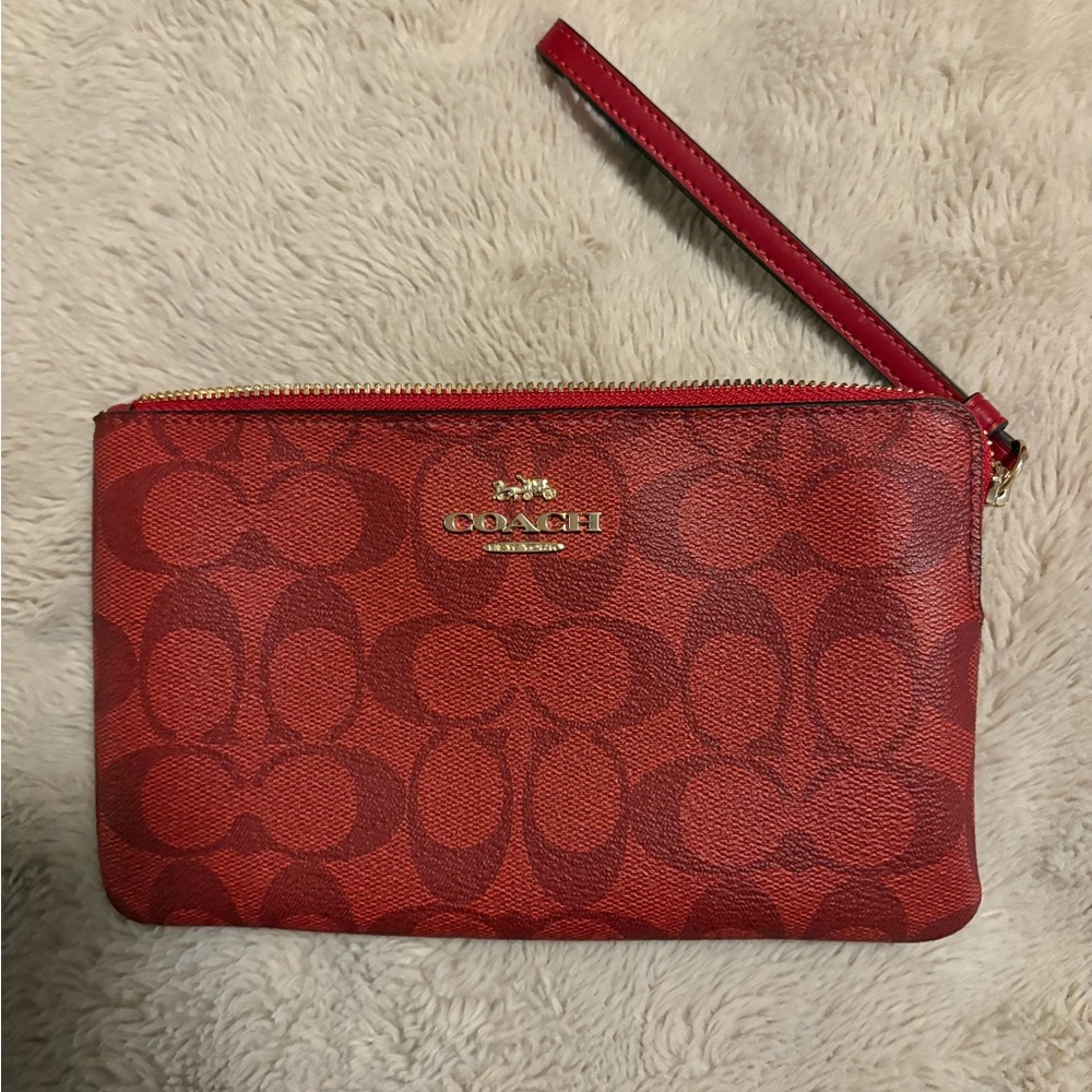 Authentic Coach Signature Wristlet – Red / Gold Hardware